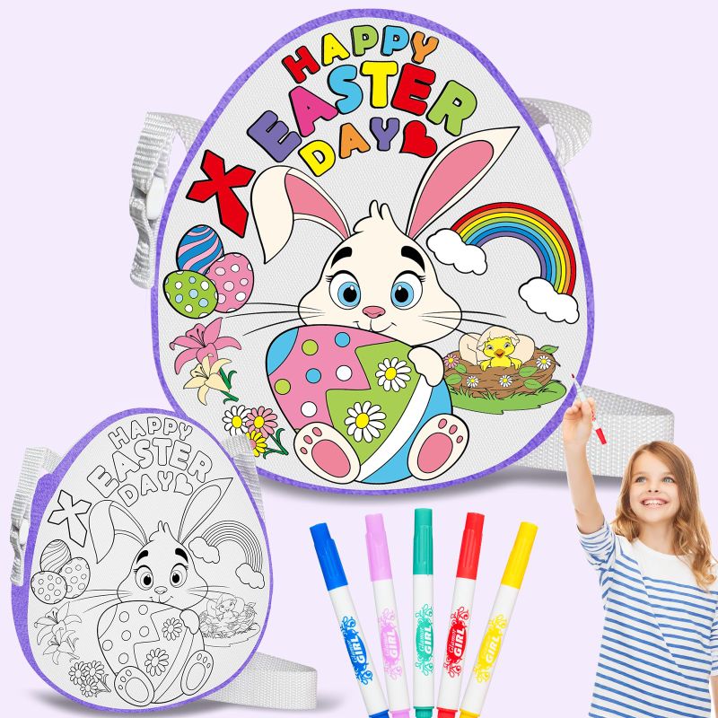 Photo 1 of Easter Coloring Bag Egg Decorating Kit - Easter DIY Arts Crafts Bag Set with 5 Colorful Markers, Easter Bunny Pattern Painting Activities for Kids, Easter Basket Stuffers Gifts for Girls Boys