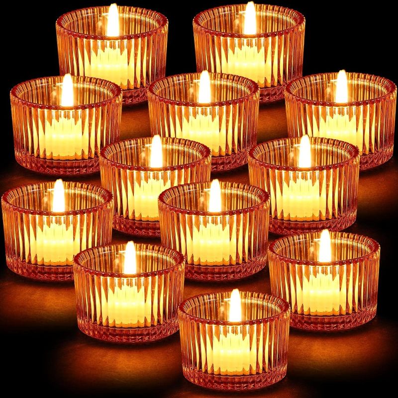 Photo 1 of 24 Pcs Votive Candle Holders Tealight Candle Holders for Hanukkah Wedding Party Table Centerpiece Wedding Centerpiece Table Decor Shelf Home Decorations (Amber)