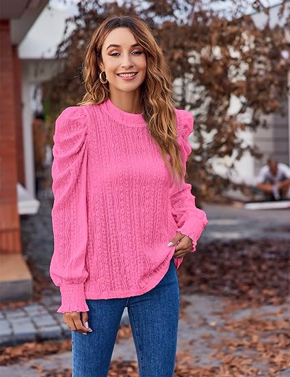 Photo 1 of Long Sleeve Mock Neck Casual Shirts Solid Hot Pink Blouse Pullover.