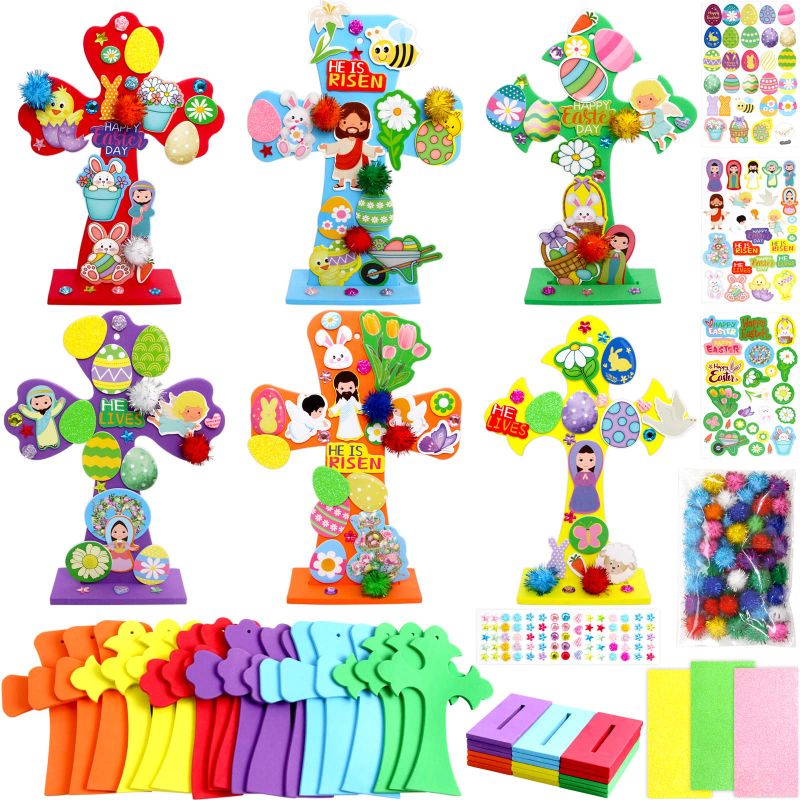 Photo 1 of Easter Crafts for Kids Cross Religious Christian Resurrection Activities Foam Stickers Craft 18 Sets Jesus Decor Classroom Decorations Ornaments DIY Egg Bunny Chick Crosses Party Favors