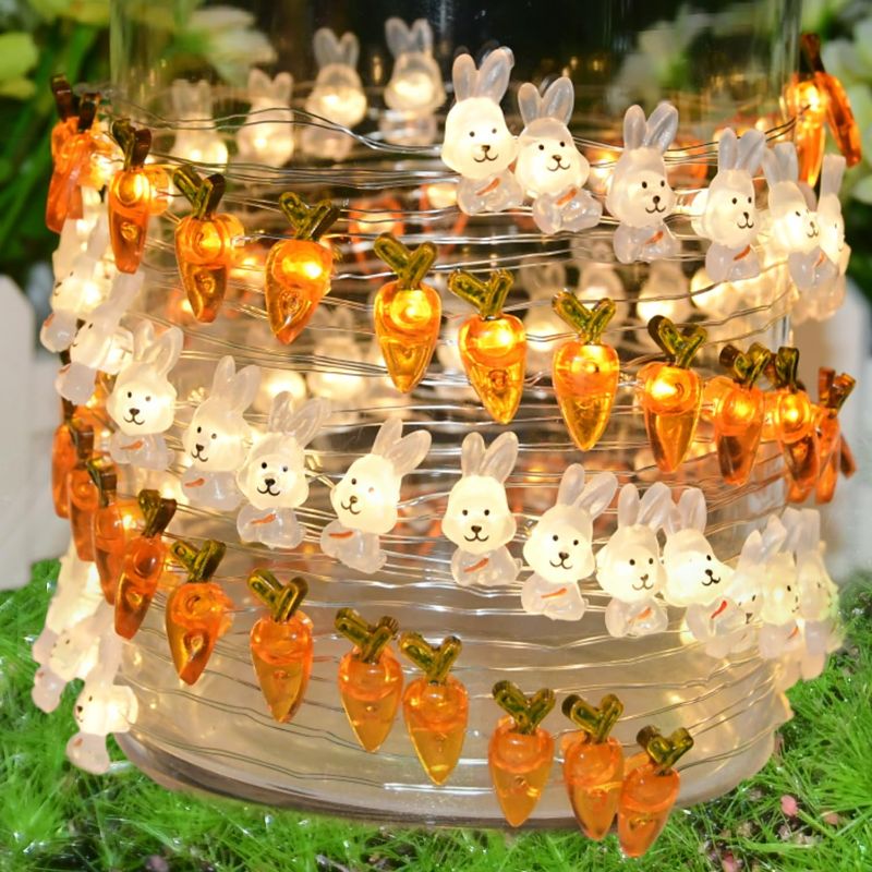 Photo 1 of  100 LED Easter Lights Easter Fairy Lights - Mini Bunny Carrot Lights Battery Operated Timer Waterproof, for Easter & Spring Home Party Yard Patio Indoor Outdoor Decorations (2 Pack, 34FT) 100 MIni LED, Dark Color