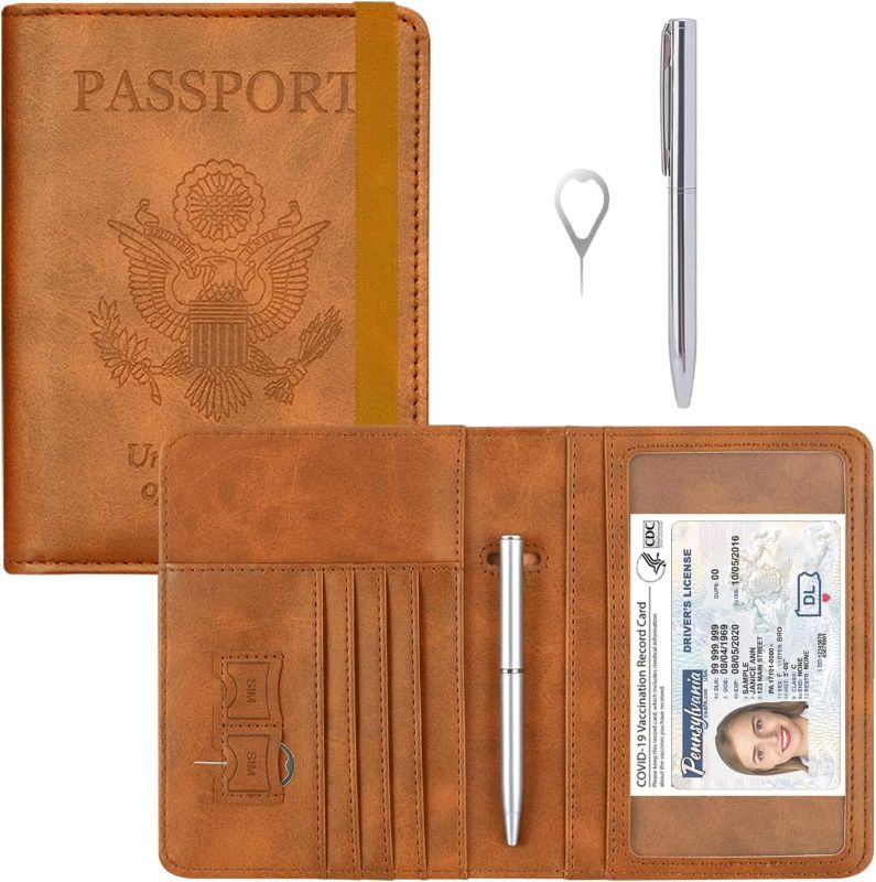 Photo 1 of  Passport Holder UPGRADED VERSION Leather Passport Accessories for Women Men Wallet Travel Cover Case, with 11 Pockets, Pen and Pin, RFID Blocking and Elastic Strap, Brown