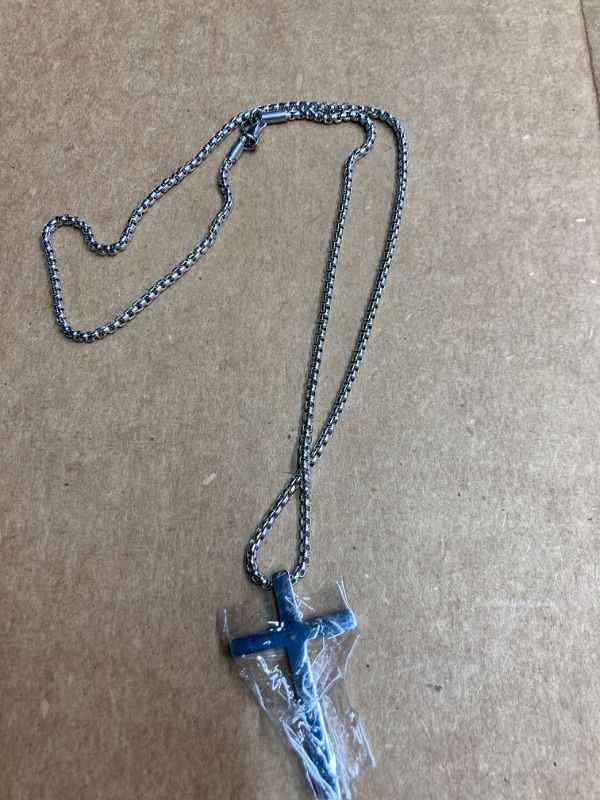 Photo 1 of 2 - Cross Necklace for Men, Stainless Steel Pendant Box Chain Jewelry, Christmas Stocking Stuffers, Christian Baptism Birthday Boys Ideas Gifts