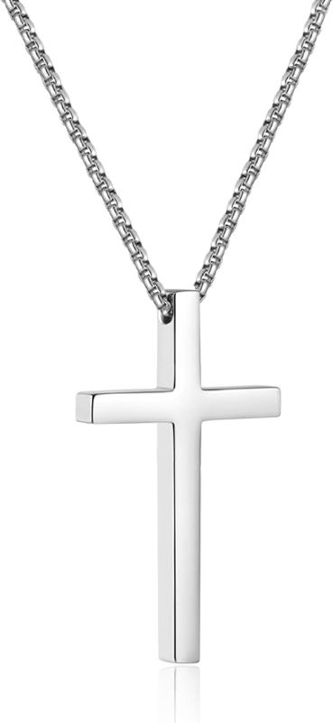 Photo 1 of 2 - Cross Necklace for Men, Stainless Steel Pendant Box Chain Jewelry, Christmas Stocking Stuffers, Christian Baptism Birthday Boys Ideas Gifts