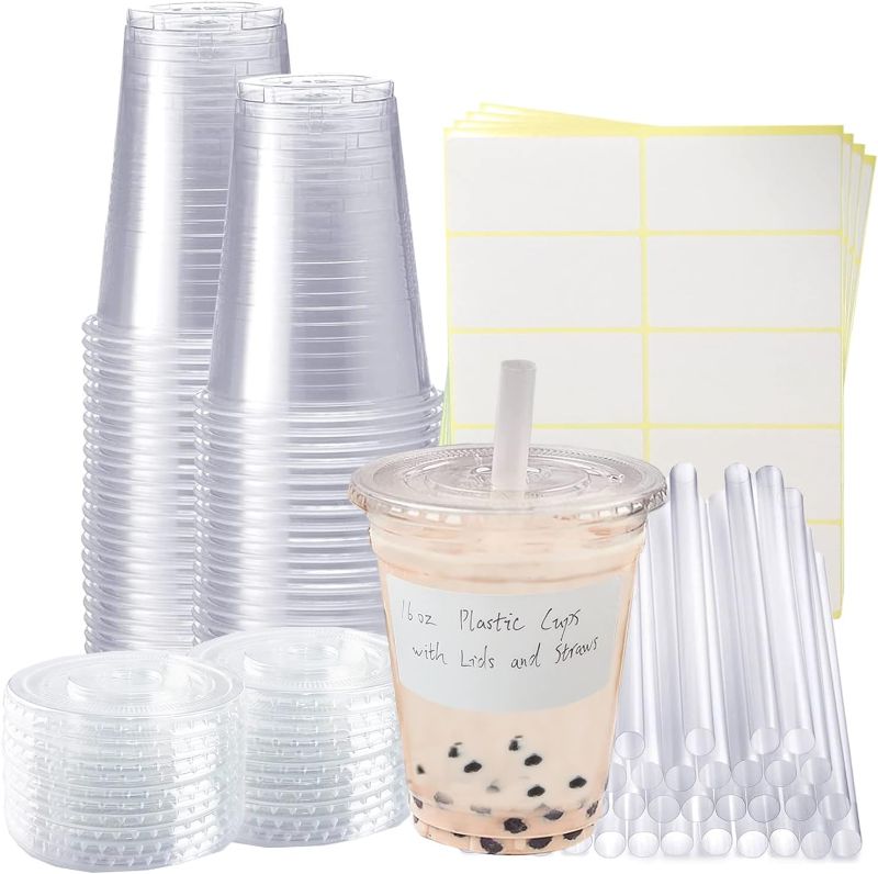 Photo 1 of 150 Sets Clear Plastic Cups With Flat Lids,16oz Disposable Coffee Cups with Straws and Stickers, Plastic Cups for Coffee, Cold Drinks, Juice, Bubble Boba Tea, Smoothie, Milkshake