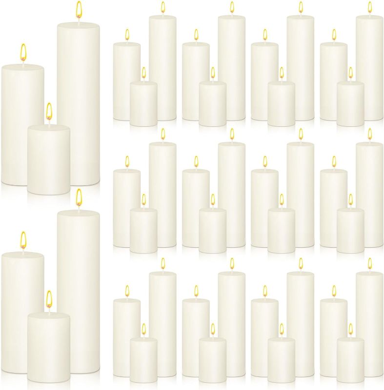 Photo 1 of 48 Pcs Set of 3 Pillar Candles Pillar Candle Bulk 3 Inch 6 Inch 8 Inch Assorted Candles Dripless Unscented Smokeless Pillar Candles for Wedding Holiday Dinner Restaurants Spa Home Décor (Ivory)