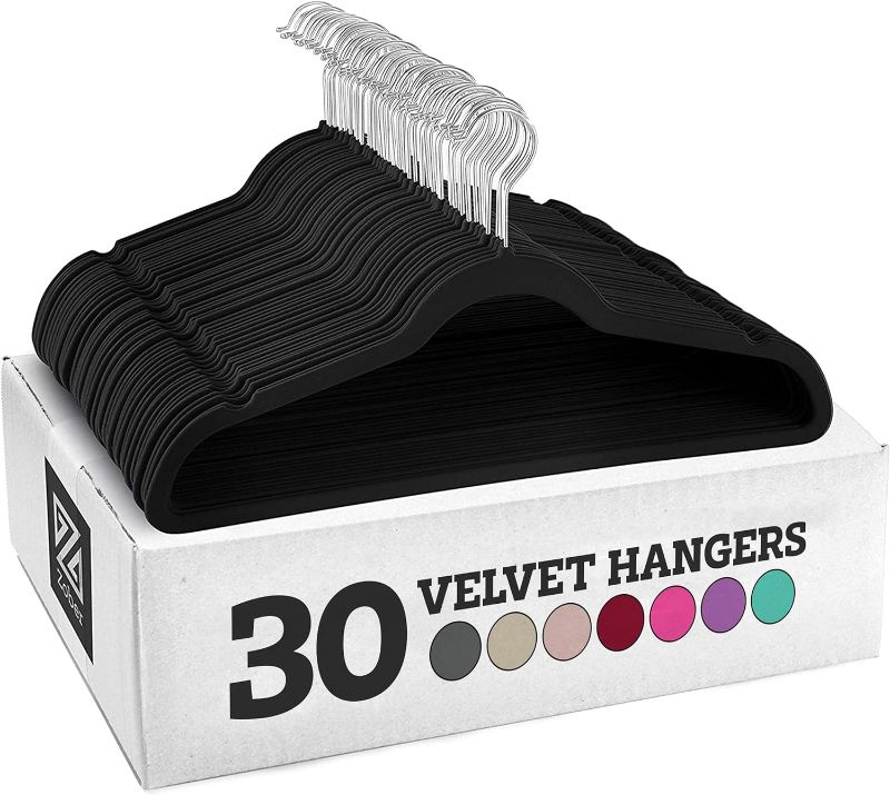 Photo 1 of Zober Velvet Hangers 30 Pack - Heavy Duty Black Hangers for Coats, Pants & Dress Clothes - Non Slip Clothes Hanger Set - Space Saving Felt Hangers for Clothing