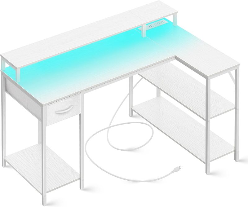 Photo 1 of SUPERJARE L Shaped Gaming Desk with LED Lights & Power Outlets, Reversible Computer Desk with Shelves & Drawer, Corner Desk Home Office Desk, All White All White 47 inch