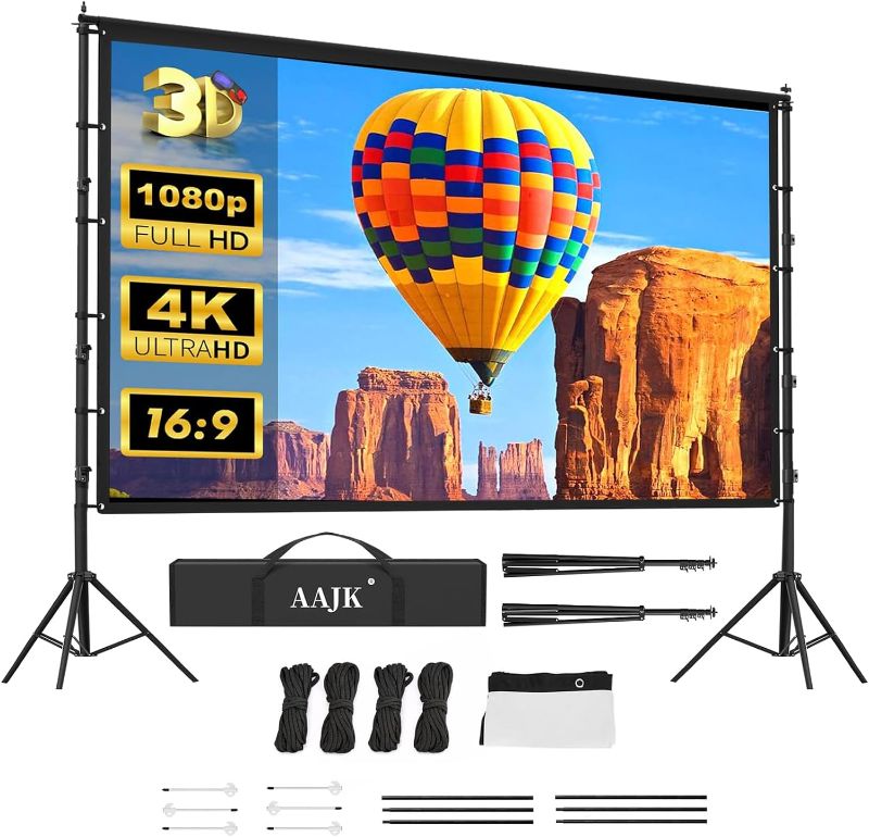 Photo 1 of AAJK 150-inch Portable Projector Screen with Stand ?Movie Screens for projectors Outdoor?16:9 4K HD Movie Screen for Backyard Movie Night, Lightweight and Wrinkle-Free https://a.co/d/ckFyZOj