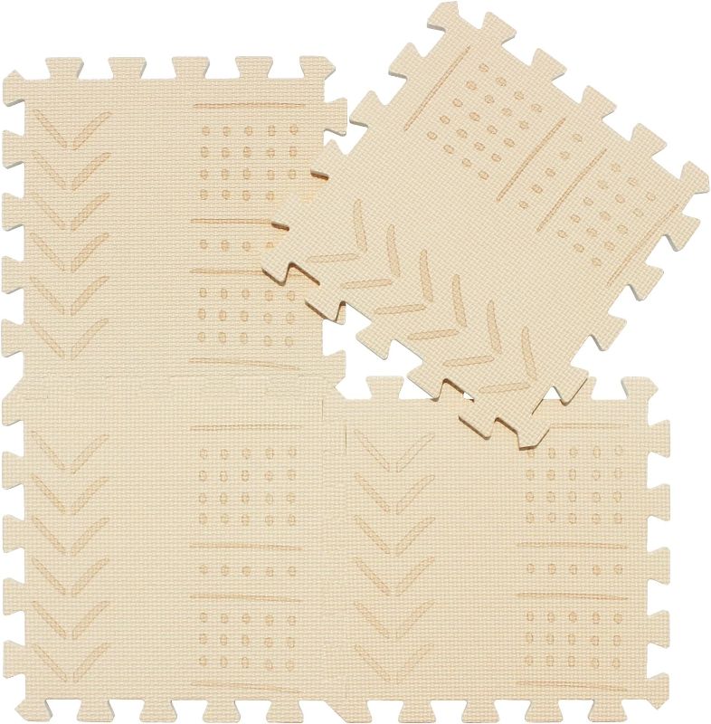 Photo 2 of qqpp EVA 18 Tiles Baby Play Mat for Playing, Interlocking Foam Floor Mats for Tummy Time & Crawling, Puzzle Flooring Tiles with Laser Pattern for Kids. Beige. QL-91(J) b18N