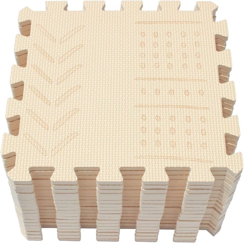 Photo 1 of qqpp EVA 18 Tiles Baby Play Mat for Playing, Interlocking Foam Floor Mats for Tummy Time & Crawling, Puzzle Flooring Tiles with Laser Pattern for Kids. Beige. QL-91(J) b18N