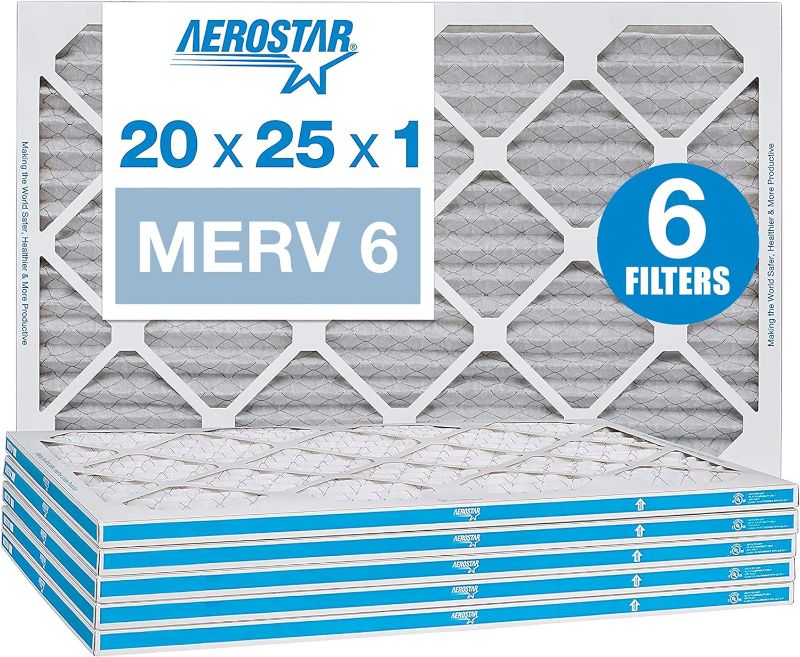 Photo 1 of Aerostar 18x18x1 MERV 6 Pleated Air Filter, AC Furnace Air Filter, 6 Pack (Actual Size: 17 3/4"x17 3/4"x3/4") https://a.co/d/0XtQ4yQ