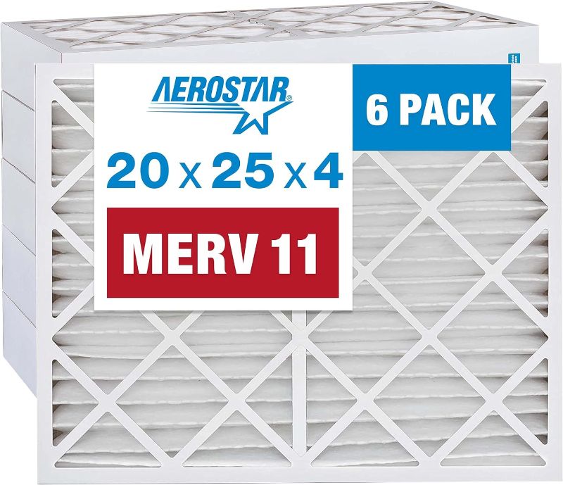 Photo 1 of Aerostar 20x25x4 MERV 11 Pleated Air Filter, AC Furnace Air Filter, 6-Pack (Actual Size: 19 1/2"x24 1/2"x3 3/4") https://a.co/d/1VQHB5O