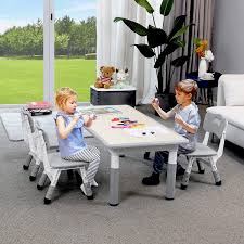 Photo 1 of Arlopu Kids Plastic Table and 4 Chairs Set, Height Adjustable Toddler Multi Activity Desk Children Study / Dining Table, for Ages 2 - 10
