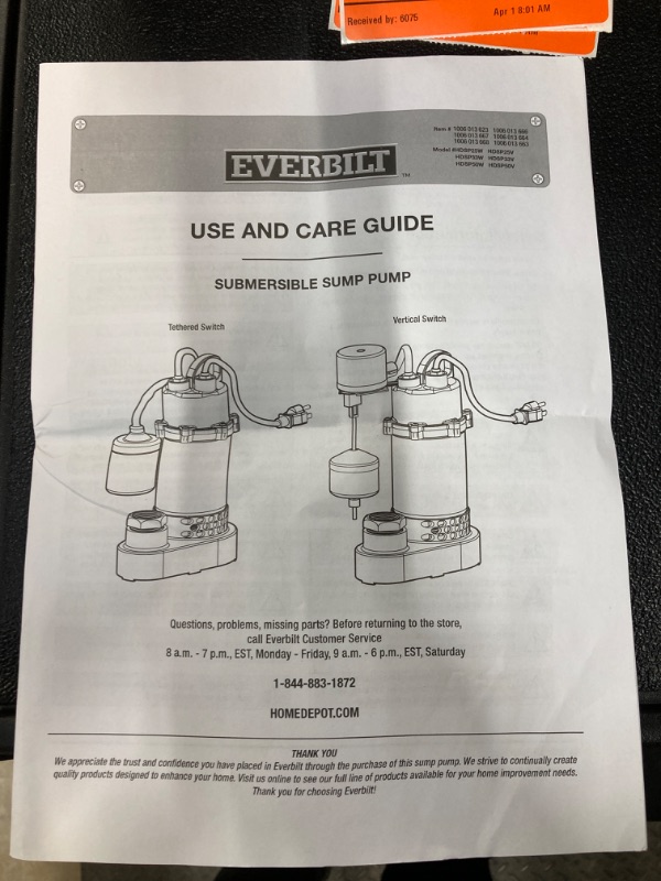 Photo 1 of Everbilt 1/3 HP Aluminum Sump Pump 