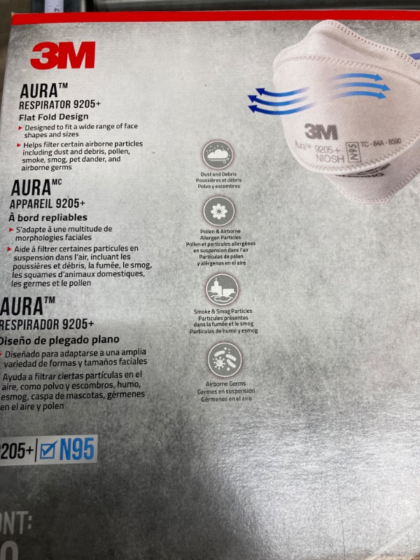 Photo 3 of 3M Aura Particulate N95 Respirator 9205+, Flat Fold Lightweight Design, Non-Valved, 20 Count (Pack of 1)