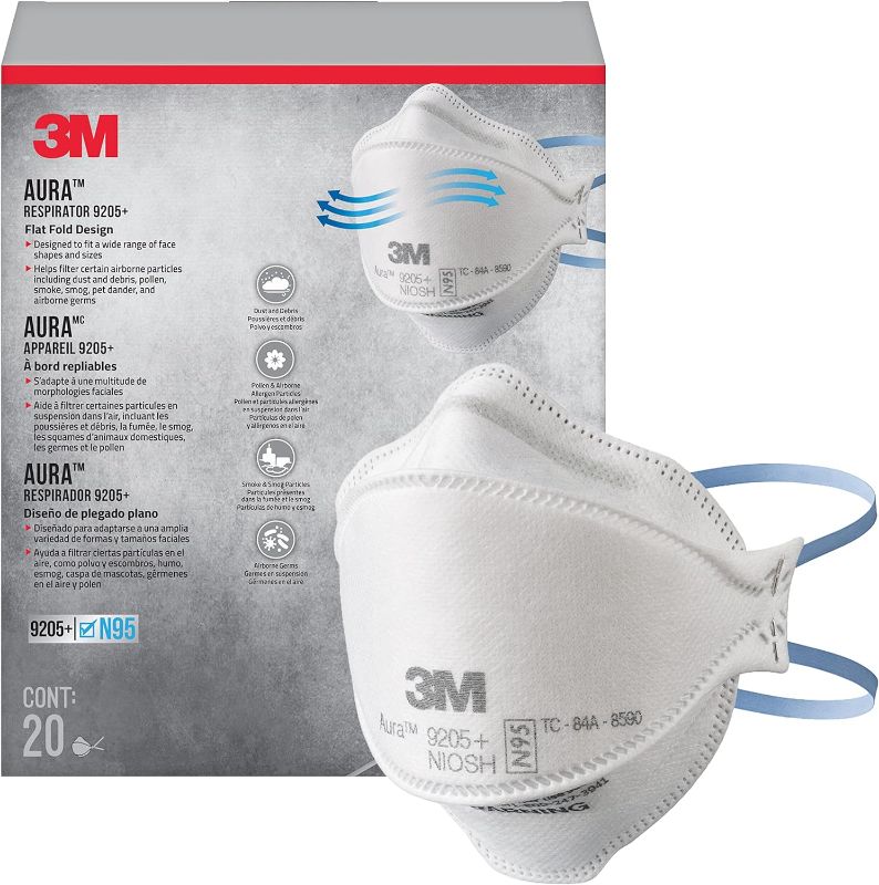 Photo 1 of 3M Aura Particulate N95 Respirator 9205+, Flat Fold Lightweight Design, Non-Valved, 20 Count (Pack of 1)