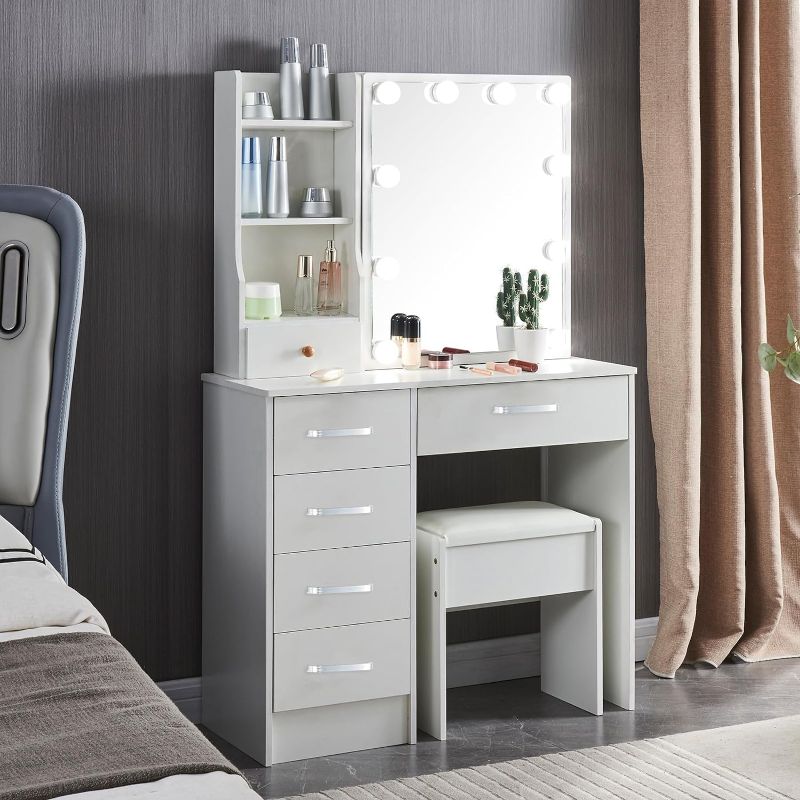 Photo 1 of ***MISSING ITEMS, SEE NOTES*** Kkonetoy White Modern Vanity Set with Lighted Mirror, Makeup Vanity Table with 5 Drawers & Cushioned Stool Set, Dressing Table with Lights, Adjustable Brightness, Bedroom Vanity Desk for Girls https://a.co/d/8lx7VPX