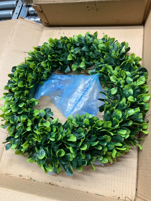 Photo 2 of  Boxwood Wreath Preserved Green Leaves Wreath for Front Door Wall Window Hanging Wedding Party Decoration