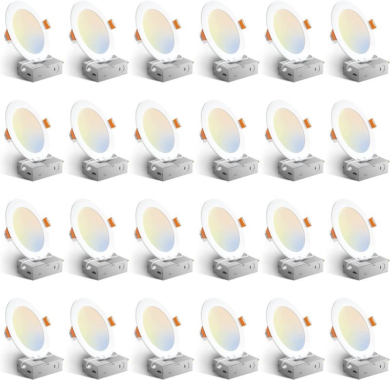 Photo 1 of Amico 24 Pack 6 Inch 5CCT Ultra-Thin LED Recessed Ceiling Light with Junction Box, 1050LM Brightness, Dimmable Canless Wafer Downlight, 12W, ETL&FCC