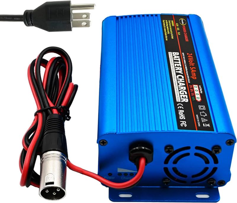 Photo 1 of 24V Battery Charger Automatic Smart Charger 5A trickle Charger and I/O Switch 3 pin XLR Connector Suitable for Charging AGM Gel Lead-Acid Batteries for Cars wheelchairs Boats