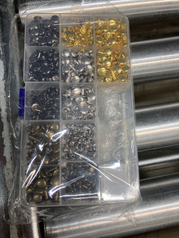Photo 1 of 480 Sets Rivets for Leather, Leather Rivet Kit, 4 Colors 3 Sizes Leather Rivets and Snaps for Leather Crafts, Clothes, Shoes, Leather Boots, Bags, Decoration (Gold, Silver, Bronze and Gunmetal)
