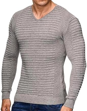 Photo 1 of Beotyshow Mens V Neck Sweater Knit Ribbed Lightweight Cable Pullover Slim Fit Stripe Long Sleeve Sweater