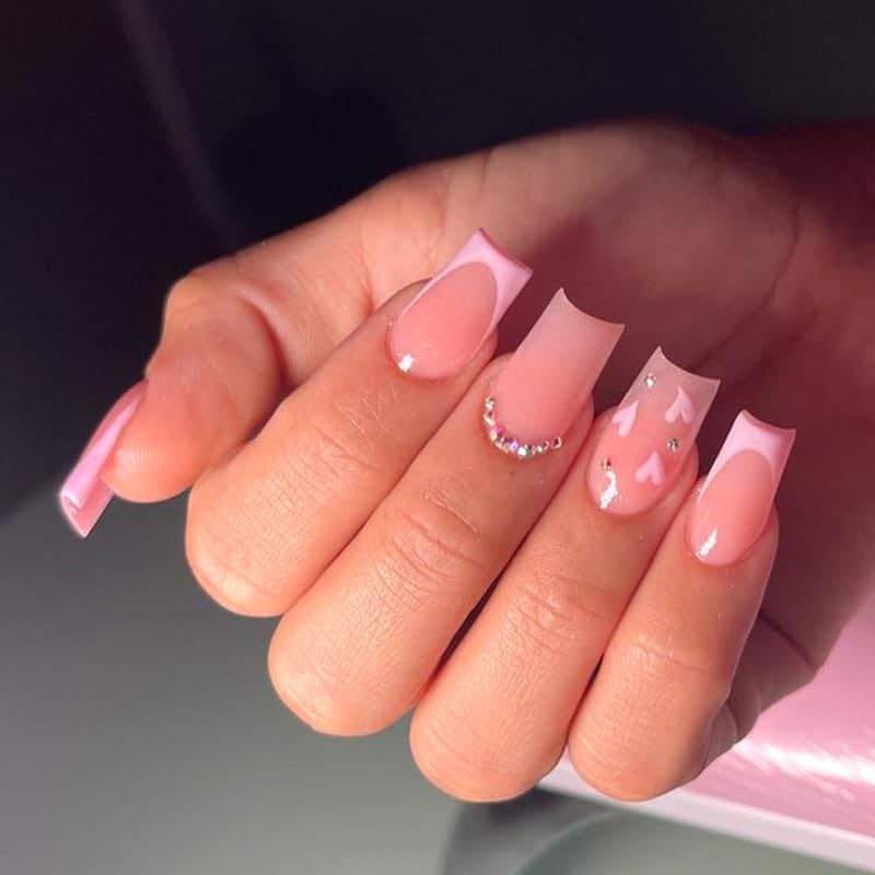 Photo 1 of Diduikalor 24 PCS Pink With Diamonds Heart Design Medium Fake Nails Valentine's Day Square Press On Nails,French False Nails With Glue Acrylic Nails Full Cover Stick On Nails For Women