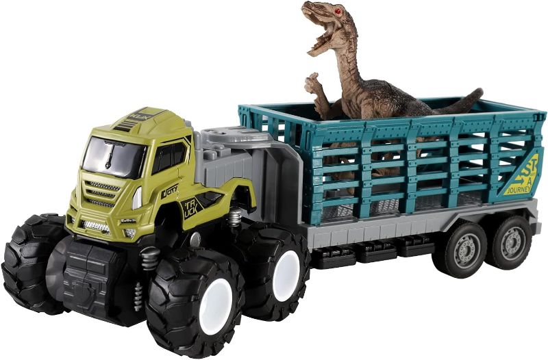 Photo 1 of Dinosaur Transport Truck 9.8 inch Metal Trailer Belt 6.7 inch Velociraptor for 3 4 5 6 7 Year Old boy Toy