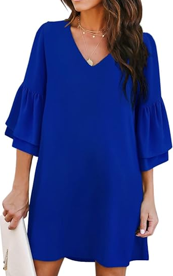 Photo 1 of BELONGSCI Women's 2024 Summer Dress Sweet & Cute V-Neck Bell Sleeve Shift Dress Mini Dress, Perfect for Wedding or Graduation XL