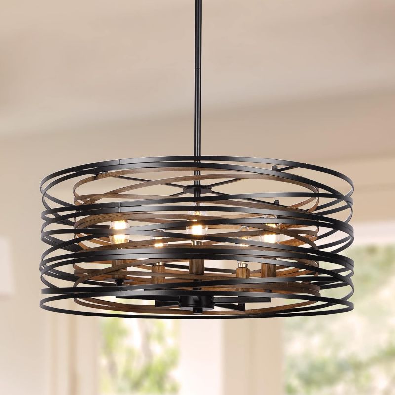 Photo 1 of ACNKTZ 19.7'' Farmhouse Dining Room Light Fixture, 5-Light Metal Drum Chandelier, Black with Retro Wood Texture Interior https://a.co/d/5etXWyV