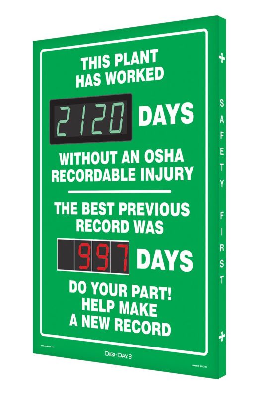 Photo 1 of Accuform SCK120 Digi-Day Electronic Scoreboard, "THIS PLANT HAS WORKED _ DAYS W/O AN OSHA RECORDABLE INJURY - THE BEST PREVIOUS RECORD WAS _ DAYS - DO YOUR PART! HELP MAKE A NEW RECORD