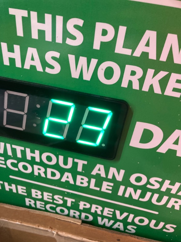 Photo 3 of Accuform SCK120 Digi-Day Electronic Scoreboard, "THIS PLANT HAS WORKED _ DAYS W/O AN OSHA RECORDABLE INJURY - THE BEST PREVIOUS RECORD WAS _ DAYS - DO YOUR PART! HELP MAKE A NEW RECORD