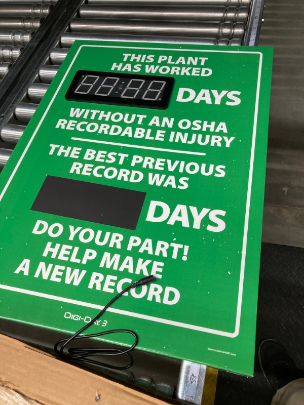 Photo 4 of Accuform SCK120 Digi-Day Electronic Scoreboard, "THIS PLANT HAS WORKED _ DAYS W/O AN OSHA RECORDABLE INJURY - THE BEST PREVIOUS RECORD WAS _ DAYS - DO YOUR PART! HELP MAKE A NEW RECORD