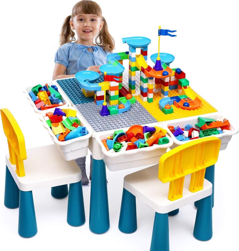 Photo 1 of Kids Activity Table Toddlers Kids Table and Chair Set with 152Pcs Large Marble Run Building Blocks All-in-One Kids Play Table Water Table Sand Table, STEM Toys for Boys Girls 2 3 4 5-10 Year Old
