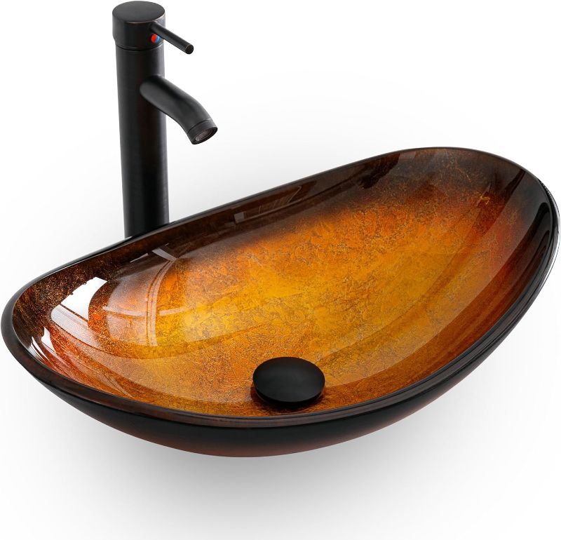 Photo 1 of eclife 21.5" Bathroom Vessel Sink Modern Artistic Single Brown Boat Tempered Glass Basin Countertop Bowl Sink for Lavatory Vanity Cabinet, W/Water Save...
