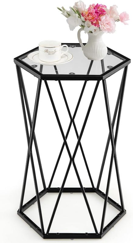 Photo 1 of Giantex Glass End Table, Hexagon Side Table w/Metal Frame, Small Coffee Accent Table for Small Space for Living Room Balcony, Modern Style Bedside Table...
