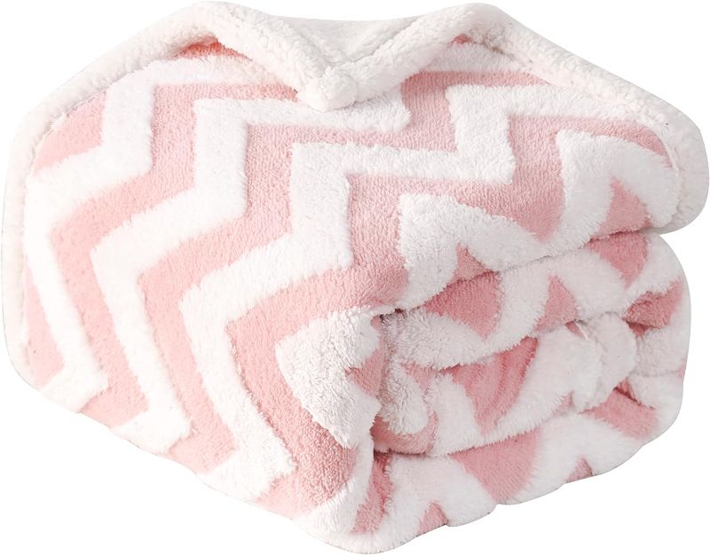 Photo 1 of Ailemei Sherpa Fleece Blanket with Creative Embroidered Words Patch, King Size Reversible Fuzzy Soft Fluffy Huge Bed Blankets for Winter, Pink Chevron (Let’s Cuddle)
