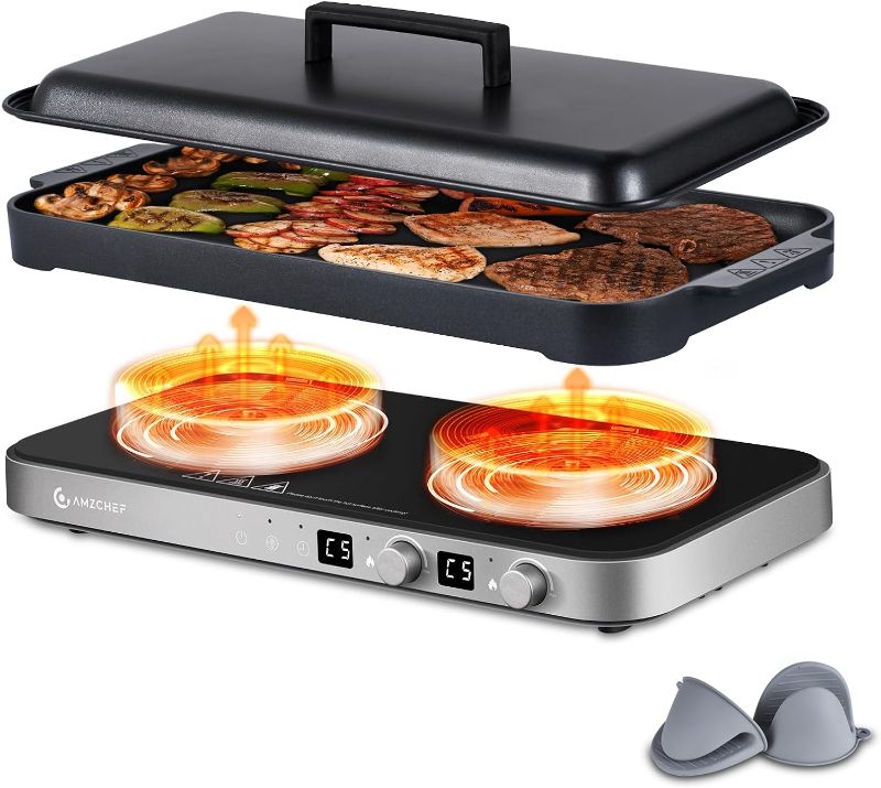 Photo 1 of AMZCHEF Double Induction Cooktop with Removable Iron Cast Griddle Pan Non-stick, 1800W 2 burner Portable Induction Stove With Sensor Touch 9 Power Levels, 99 Min Timer, suitable for Magnetic Cookware https://a.co/d/4JSJwYy