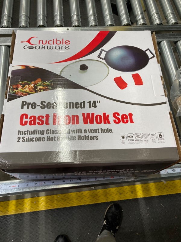 Photo 3 of 14-Inch Cast Iron Wok Set (Pre-Seasoned), Glass Lid & Silicone Hot Handle Holders 14" Set