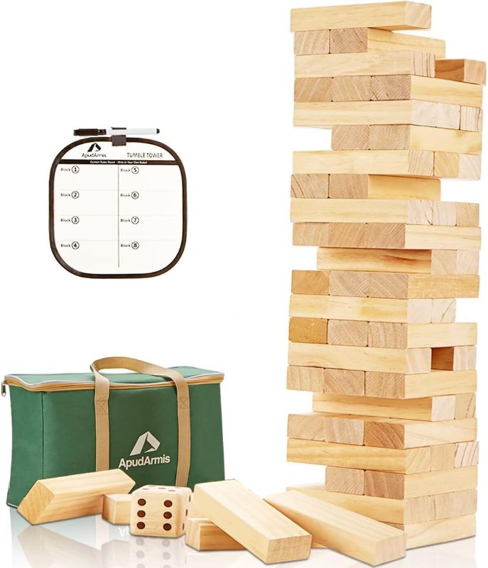 Photo 1 of ApudArmis Giant Tumble Tower (Stack from 2Ft to Over 4.2Ft), 54 PCS Pine Wooden Stacking Timber Game with 1 Dice Set - Classic Block Giant Outdoor Game for Teens Adults Family