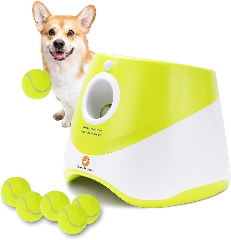 Photo 1 of Automatic Dog Ball Launcher, Indoor/Outdoor Interactive Dog Toy with Three Ranges, Includes 6 Mini Tennis Balls and a Data Line, Suitable for Small and Medium-Sized Dogs, Green