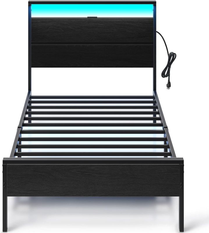 Photo 1 of Rolanstar Bed Frame with Charging Station, Twin Bed with LED Lights Headboard, Metal Platform, Strong Metal Slats, 10.2” Under Bed Storage Clearance, No Box Spring Needed, Noise Free