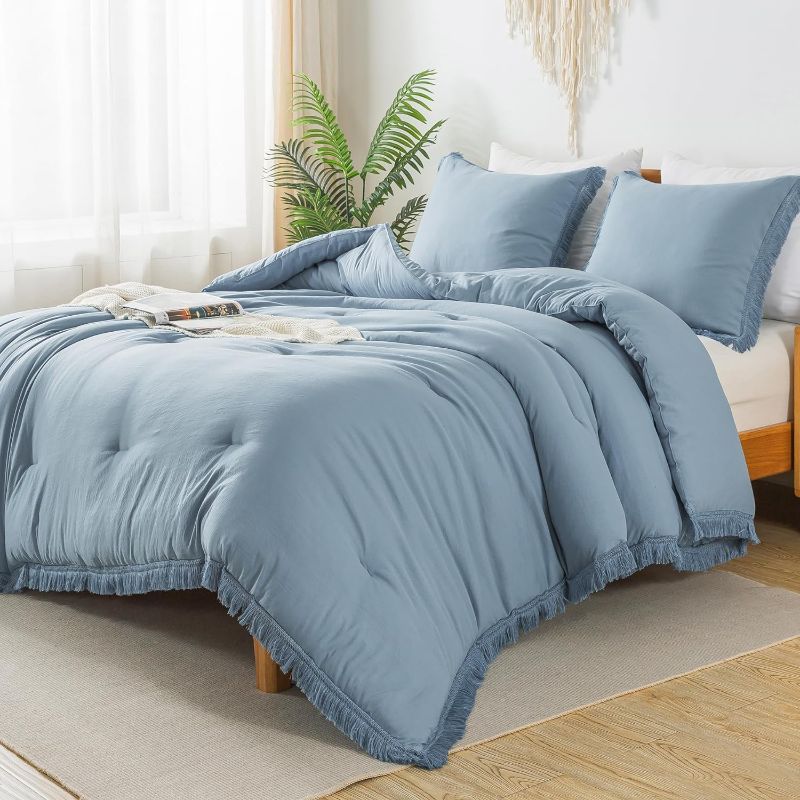 Photo 1 of Andency Blue King Size Comforter Set, 3 Pieces Bedding Comforter Sets (1 Light Blue Cationic Dyeing Comforter & 2 Pillowcases), Greyish Solid Soft Lightweight Microfiber Down Alternative Bed Set