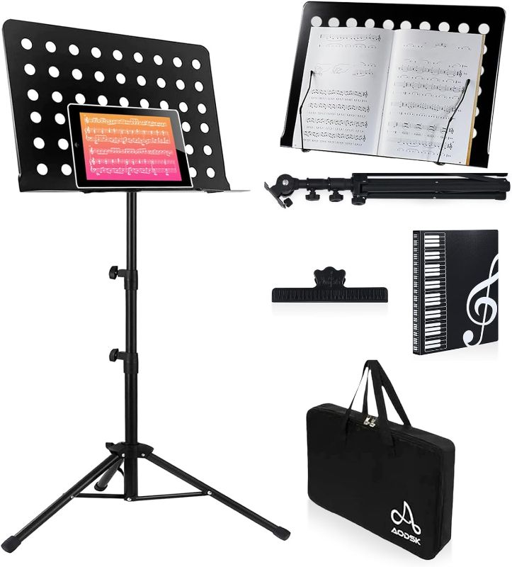 Photo 1 of AODSK Sheet Music Stand 2 in 1 Dual-Use Desktop Book Stand with Portable Carrying Bag,Sheet Music Folder & Clip Holder