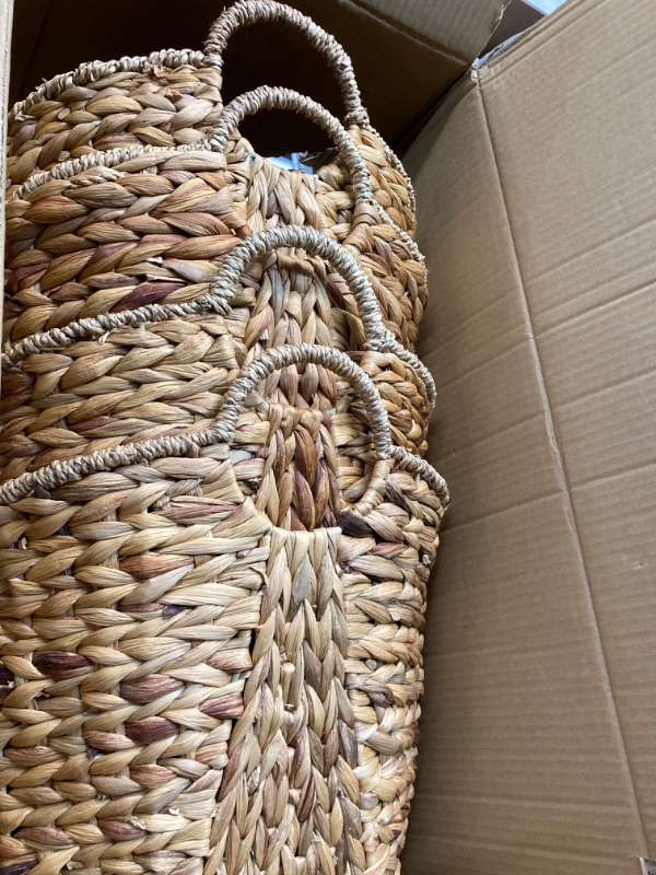 Photo 1 of 4 Pcs Seagrass Handmade Large Woven Storage Basket with Handles Natural Water Hyacinth Laundry Baskets Seagrass Laundry Hamper Wicker Blanket for Living Room Bathroom Dirty Clothes Toys Nursery