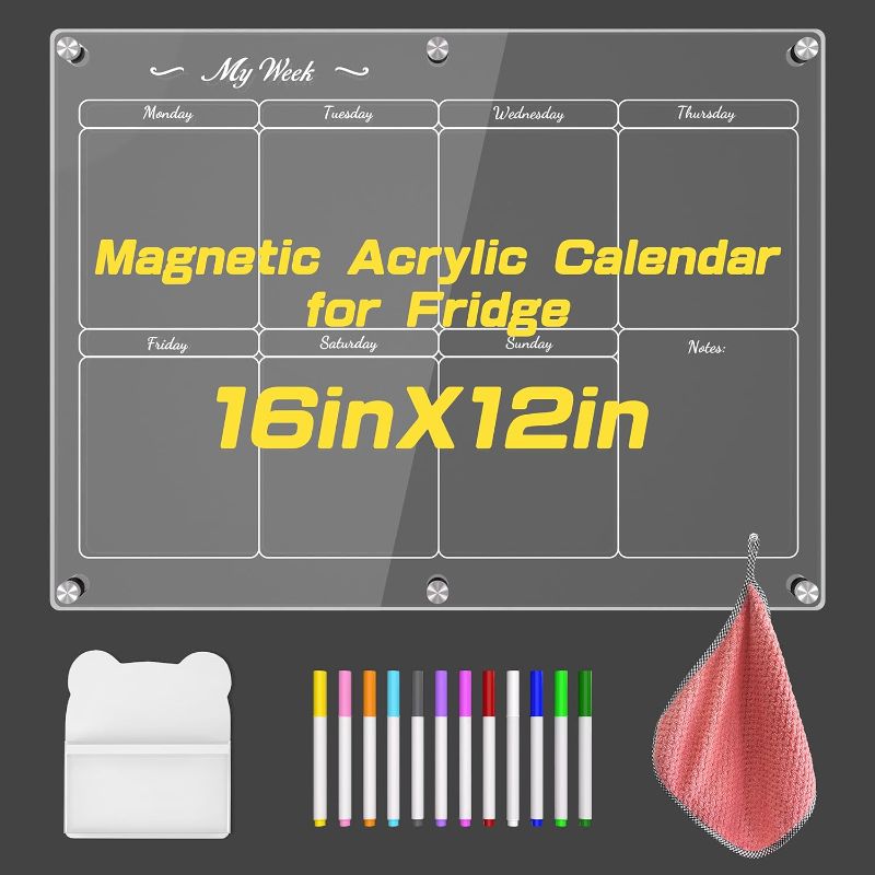 Photo 1 of Acrylic Magnetic Weekly Calendar for Fridge, 16"x12"Inches Clear Dry Erase Board Calendar for Refrigerator, Reusable Weekly Planner Board Includes 12 Markers