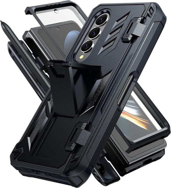 Photo 1 of for Samsung Galaxy Z-Fold-4 Case: Military Grade Hinge Protection S-Pen Holder Heavy Duty Shockproof 360 Full-Body Protective Phone Cover with Kickstand for Galaxy ZFold 4 5G 2022 (Black)