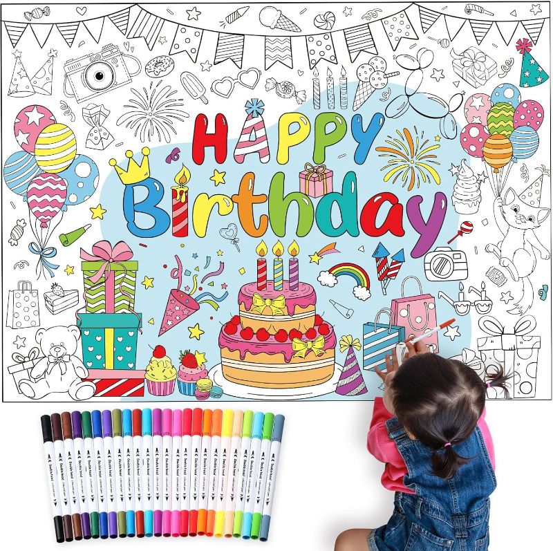 Photo 1 of Giant Coloring Poster with 24 Watercolor Markers Coloring Sheet Jumbo Coloring Poster Coloring Banner Table Cover for Kids Fall Halloween Xmas Winter Birthday Activity Party (Birthday Style)