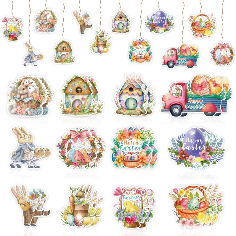 Photo 1 of 24 Pcs Spring Egg Bunny Easter Ornaments for Tree Easter Decorations Easter Tree Ornaments Wooden Hanging Ornaments Decor with Rope for Birthday Party Home Classroom Supply